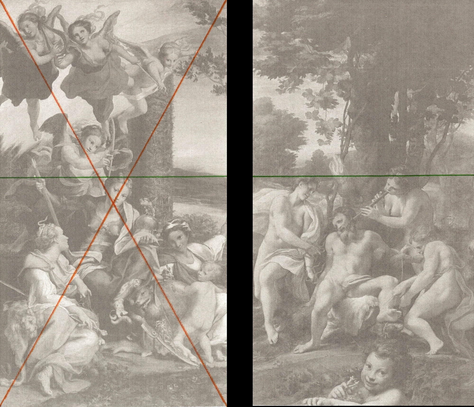 A sinistra: schema compositivo dell'Allegoria della Virtù, o Sapienza. Le diagonali del dipinto. A destra: schema compositivo dell'Allegoria del Vizio
