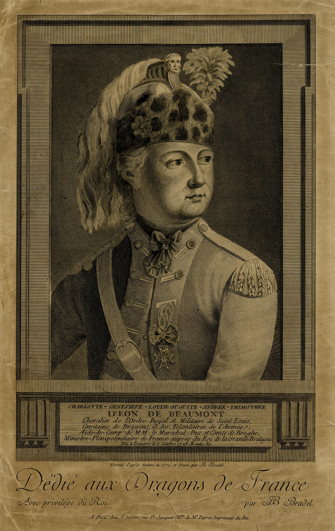 Jean-Baptiste Bradel, Charles-Geneviève-Louis-Auguste-André-Timothée d'Éon de Beaumont (1779; incisione, 373 x 236 mm; Londra, British Museum)
 Jean-Baptiste Bradel, Charles-Geneviève-Louis-Auguste-André-Timothée d'Éon de Beaumont (1779; incisione, 373 x 236 mm; Londra, British Museum)