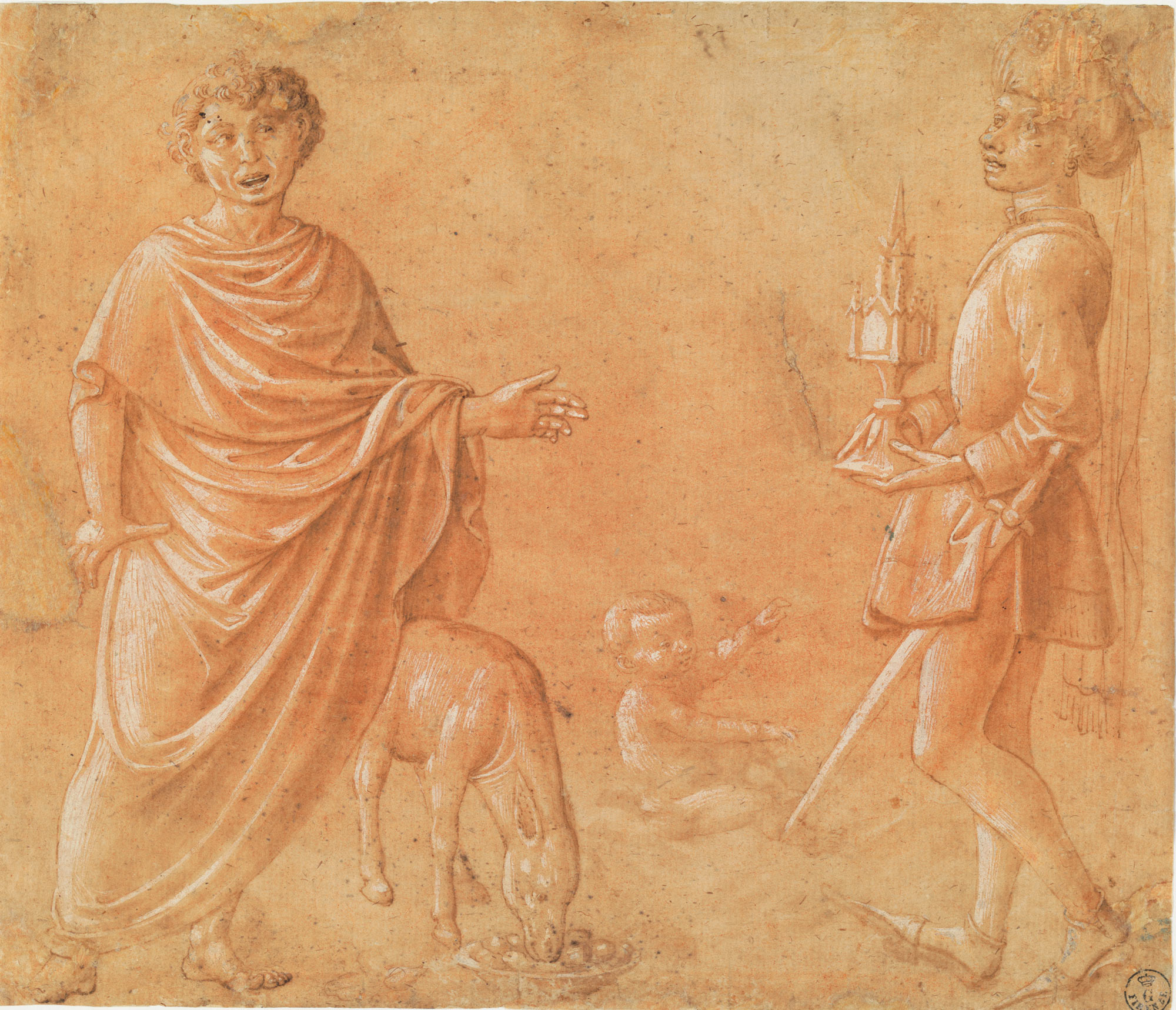 Benozzo Gozzoli, Filemone e l'asino, GesÃ¹ Bambino benedicente, re Mago (1459 circa; penna e inchiostro bruno, pennello e inchiostro diluito, biacca su carta tinteggiata color rosso-arancione, 182 x 212 mm; Firenze, Gallerie degli Uffizi, Gabinetto dei Disegni e delle Stampe, inv. 70 E)
