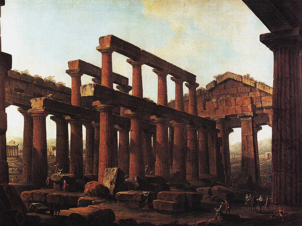 Antonio Joli, Interno del Tempio di Poseidone a Paestum (1759; olio su tela, 76,3 x 103 cm; Caserta, Reggia di Caserta, inv. 150)
