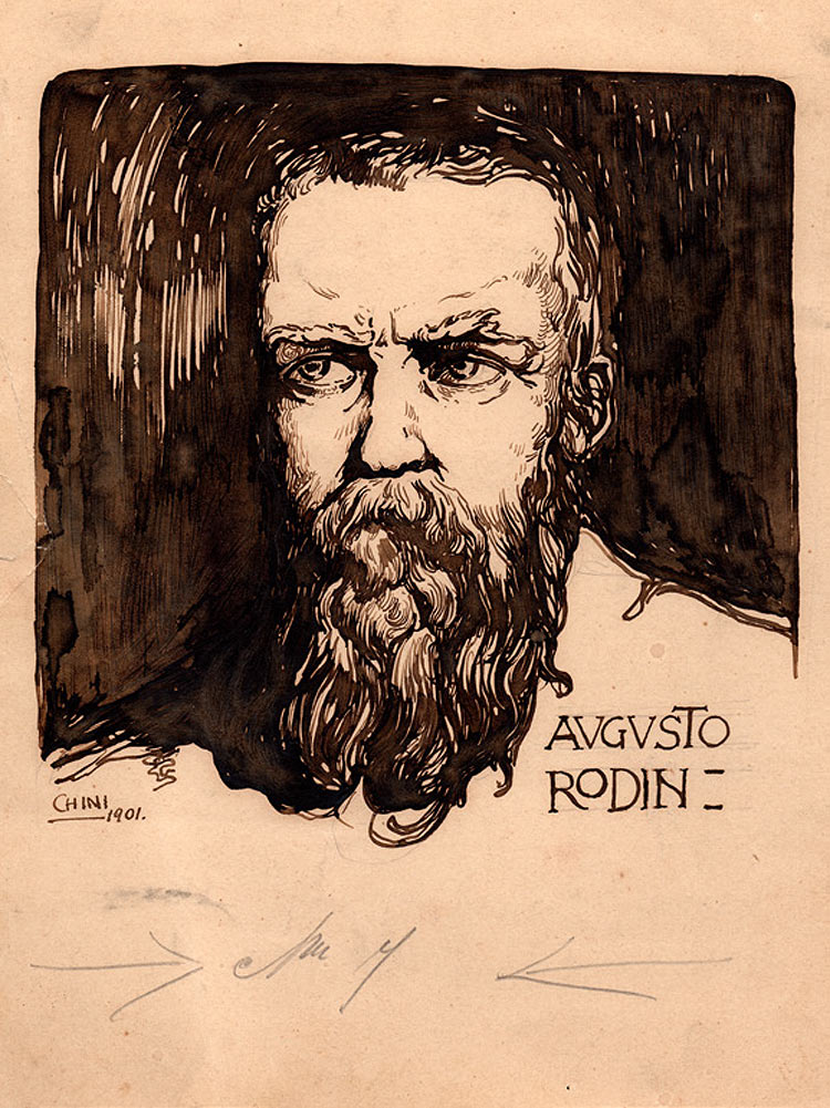 Galileo Chini, Ritratto di Rodin (1901; penna e inchiostro di china su carta, 28 x 18,2 cm; Roma, Galleria del Laocoonte)
