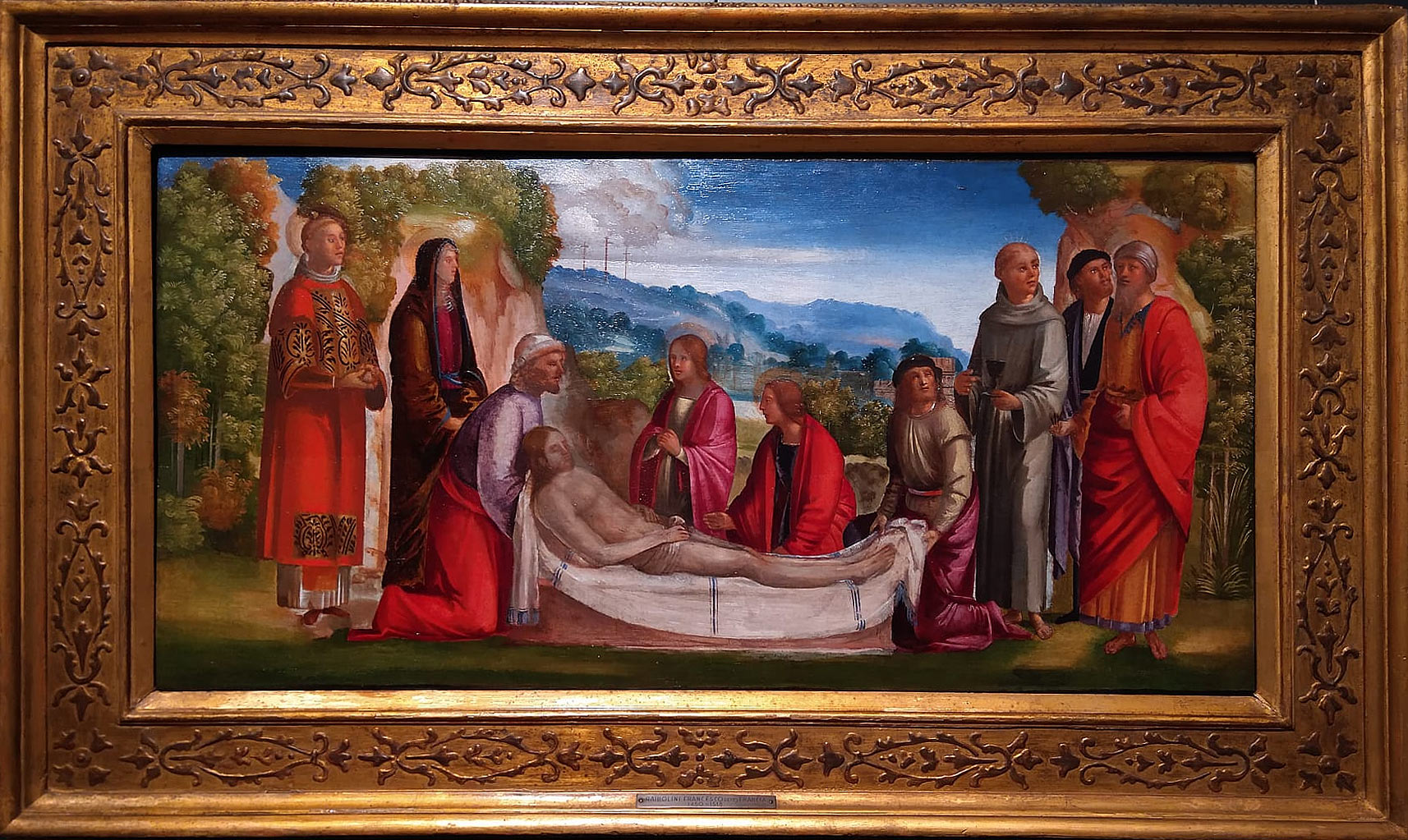 Johannes Ispanus, Deposizione del corpo di Cristo nel sepolcro e santi (1510 circa; olio su tavola, 42,3 x 82,5 cm; San Martino in Soverzano, Collezione Michelangelo Poletti)
