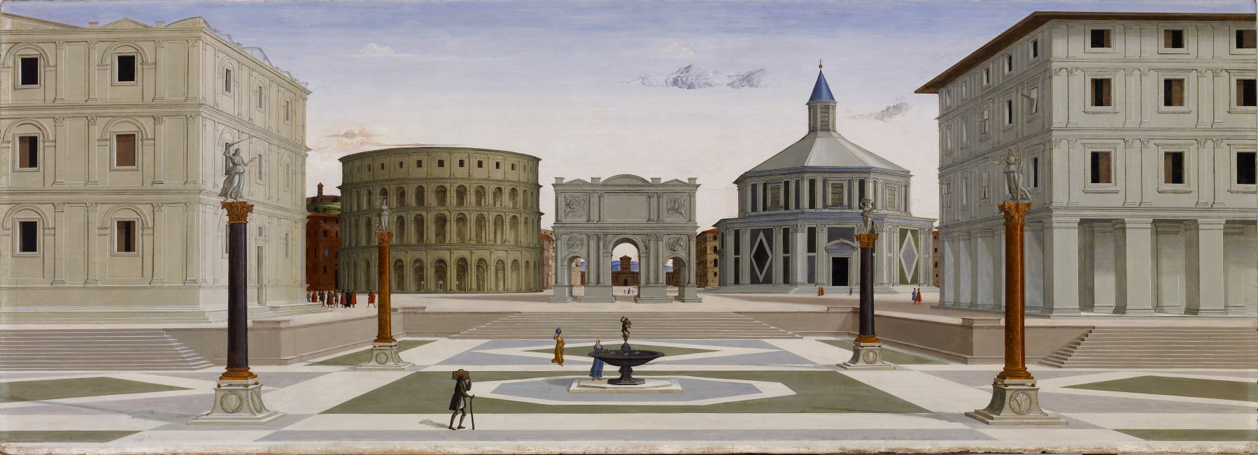 Pittore fiorentino, CittÃ  Ideale (1480-1485 circa; olio e tempera su tavola, 77,4 x 200 cm; Baltimora, Walters Art Museum)
