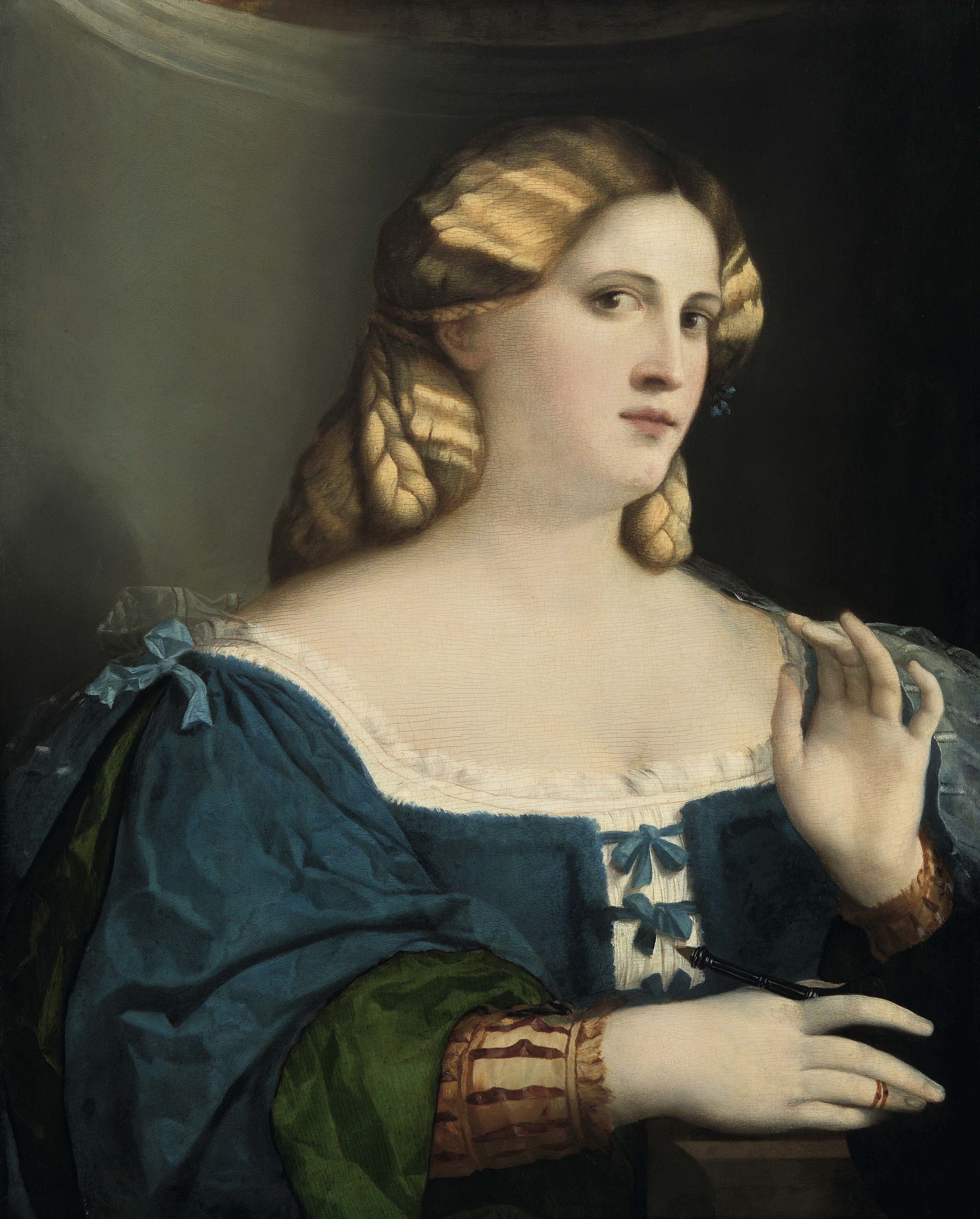 Palma il Vecchio, Giovane donna in abito blu (post 1514; olio su legno di pioppo, 63,5 x 51 cm; Vienna, Kunsthistorisches Museum)
