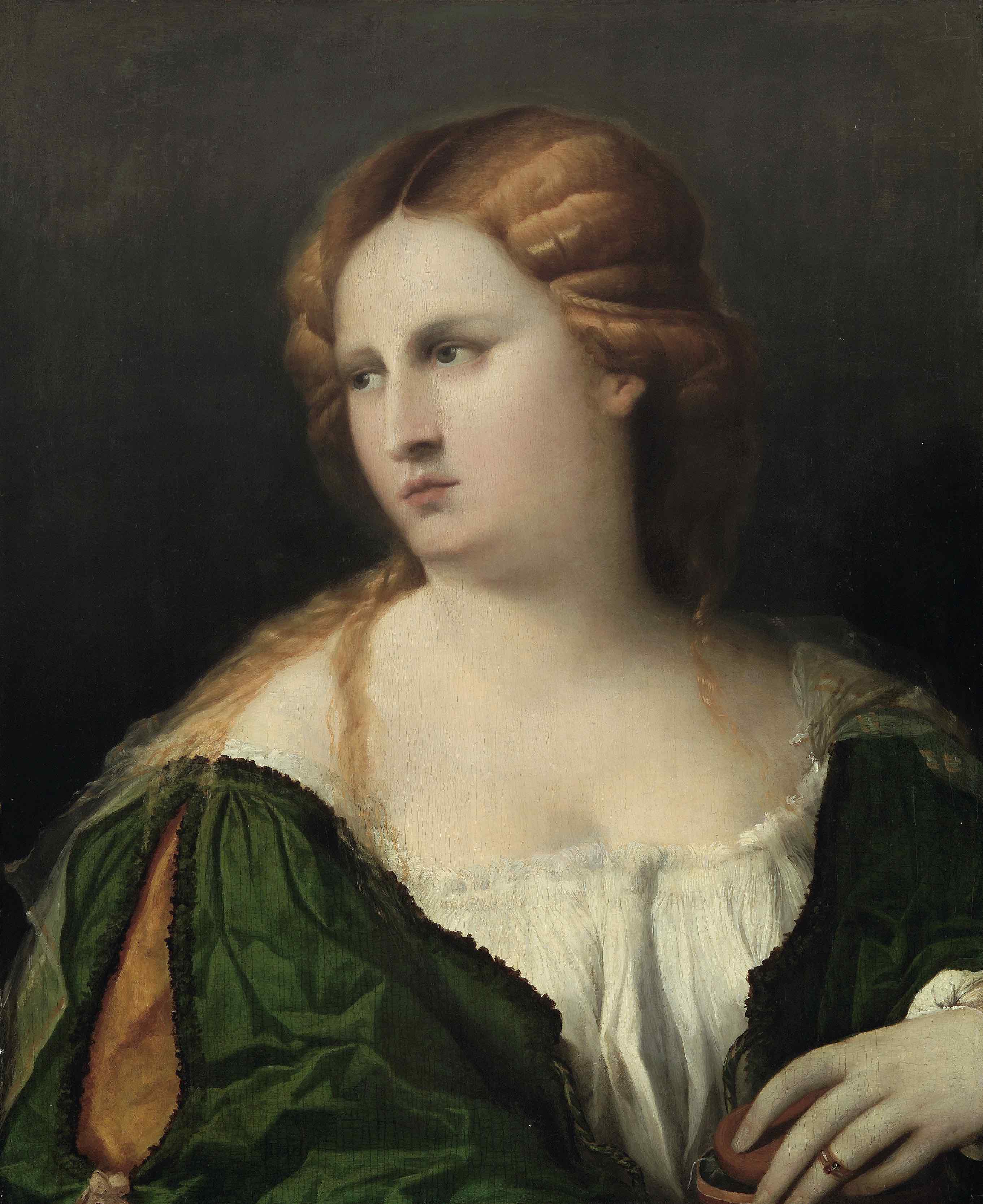 Palma il Vecchio, Giovane donna in abito verde (post 1514; olio su legno di pioppo, 50 x 40,5 cm; Vienna, Kunsthistorisches Museum)
