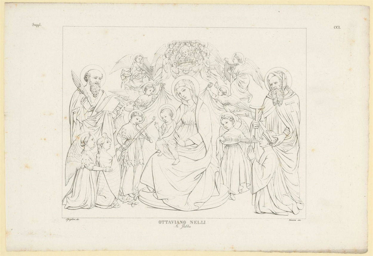 Domenico Sforzolini, Madonna del Belvedere da Ottaviano Nelli, in Giovanni Rosini, Storia della pittura italiana esposta coi monumenti (1847; incisione, 295 x 445 mm; Amburgo, Hamburger Kunsthalle, Kupferstichkabinett, inv. 58506)
