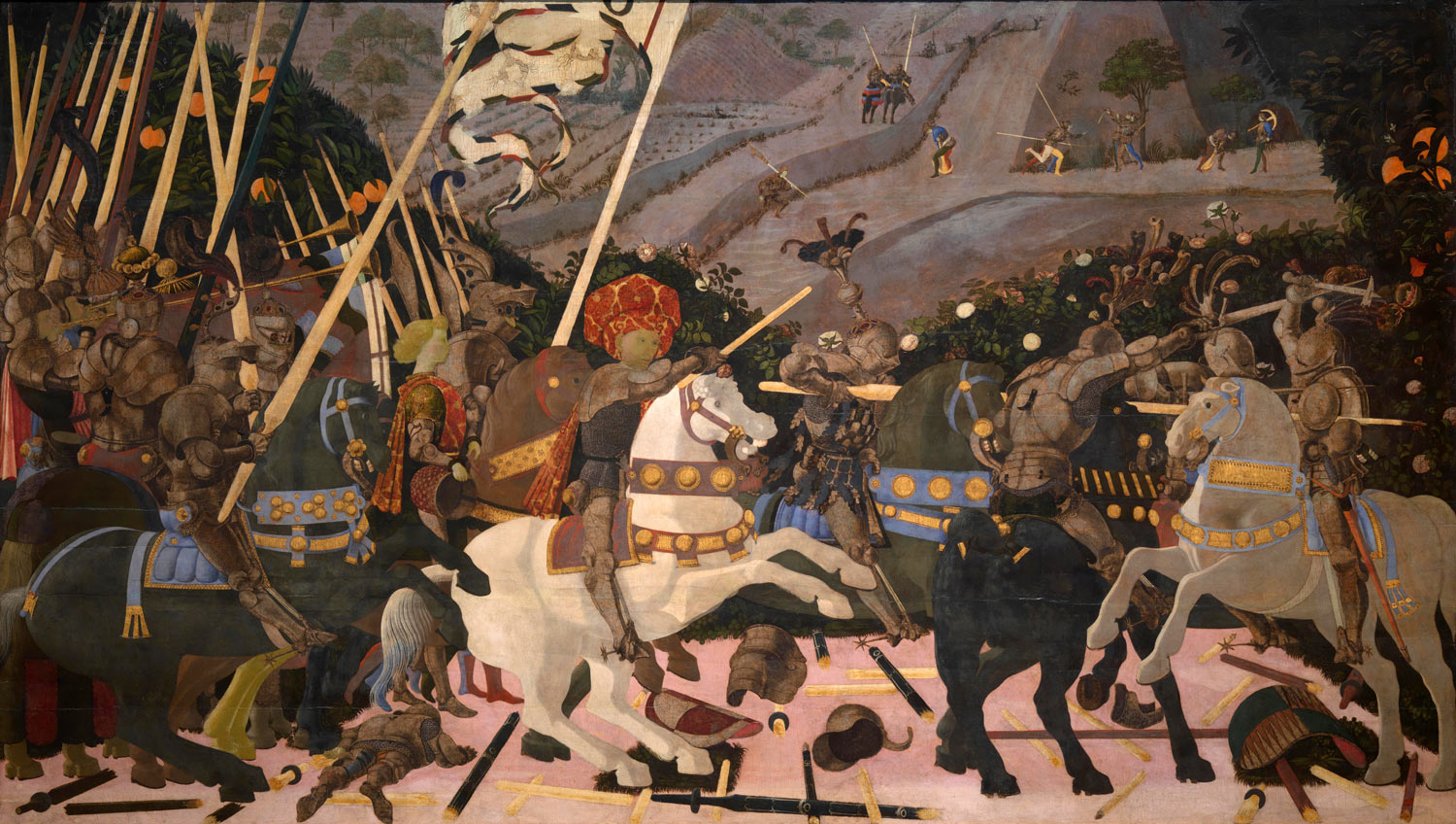 Paolo Uccello, La Battaglia di San Romano, Niccolò da Tolentino alla testa dei fiorentini (1438-1440 circa; tempera su tavola, 182 x 320 cm; Londra, National Gallery)

