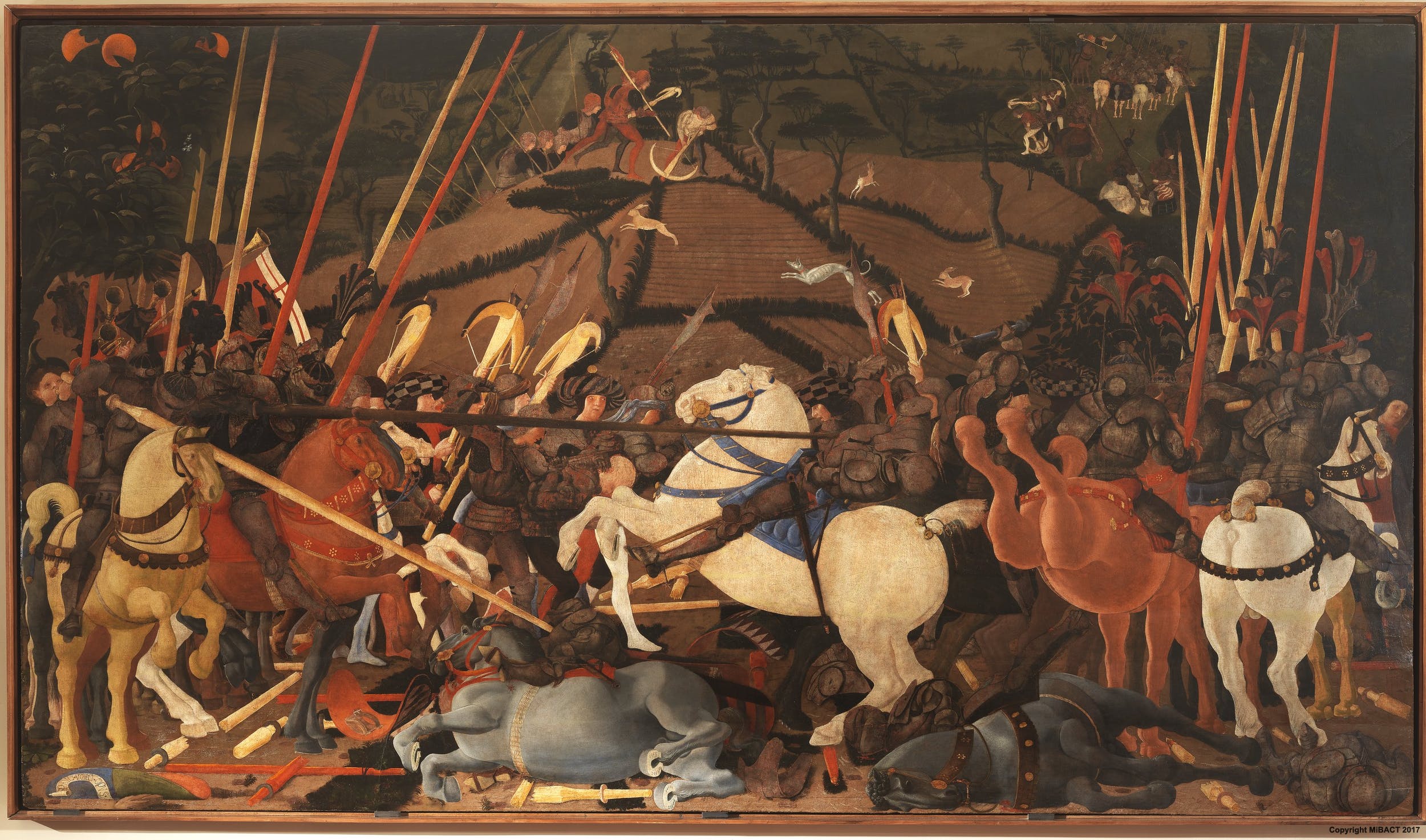 Paolo Uccello, La Battaglia di San Romano, Il disarcionamento di Bernardino della Carda (1438-1440 circa; tempera su tavola, 182 x 323 cm; Firenze, Gallerie degli Uffizi)