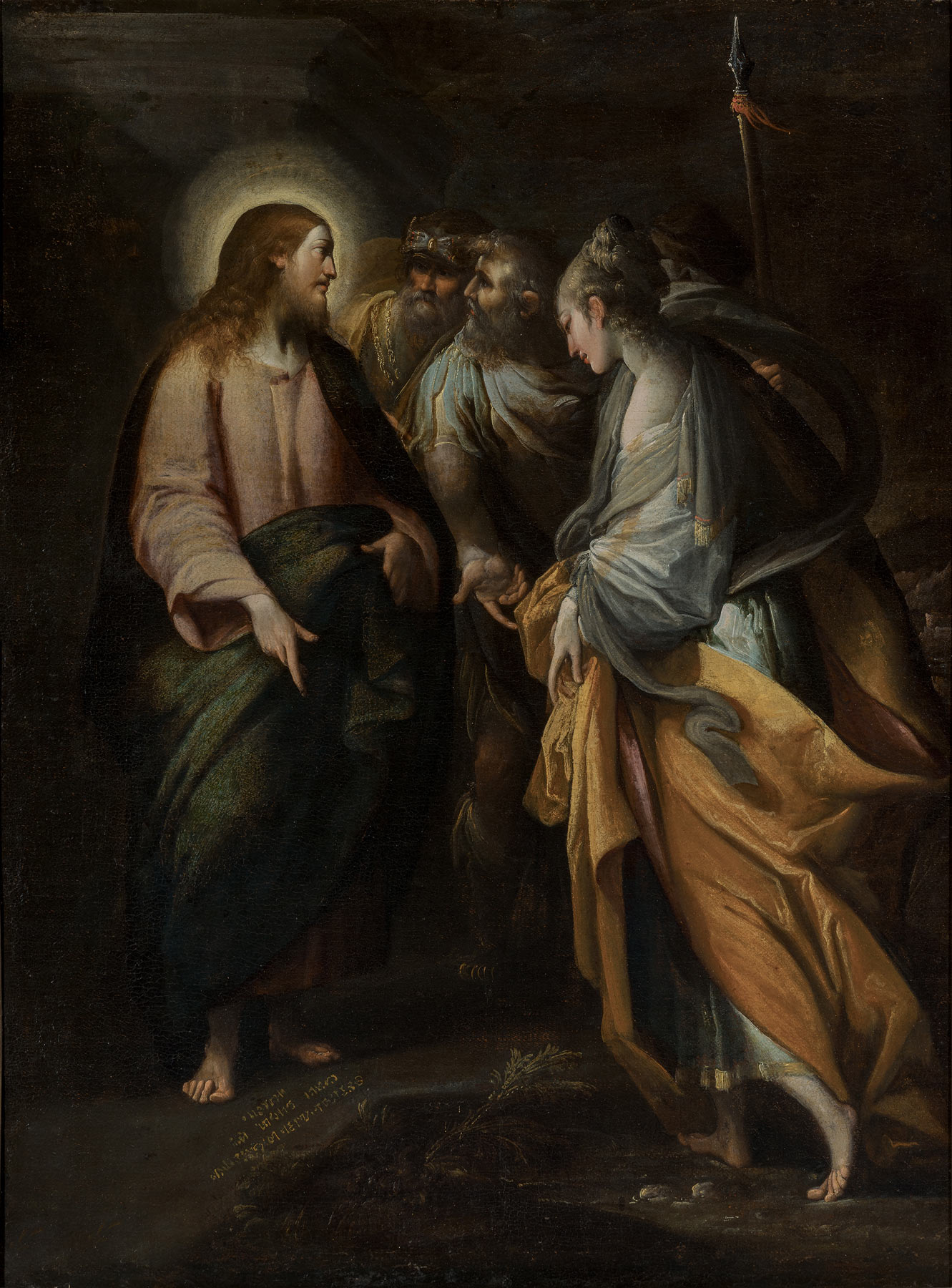 Giovanni Andrea Donducci detto il Mastelletta, Cristo e lÂ’adultera (olio su tela, 95 x 70 cm; San Martino in Soverzano, Collezione Michelangelo Poletti)
