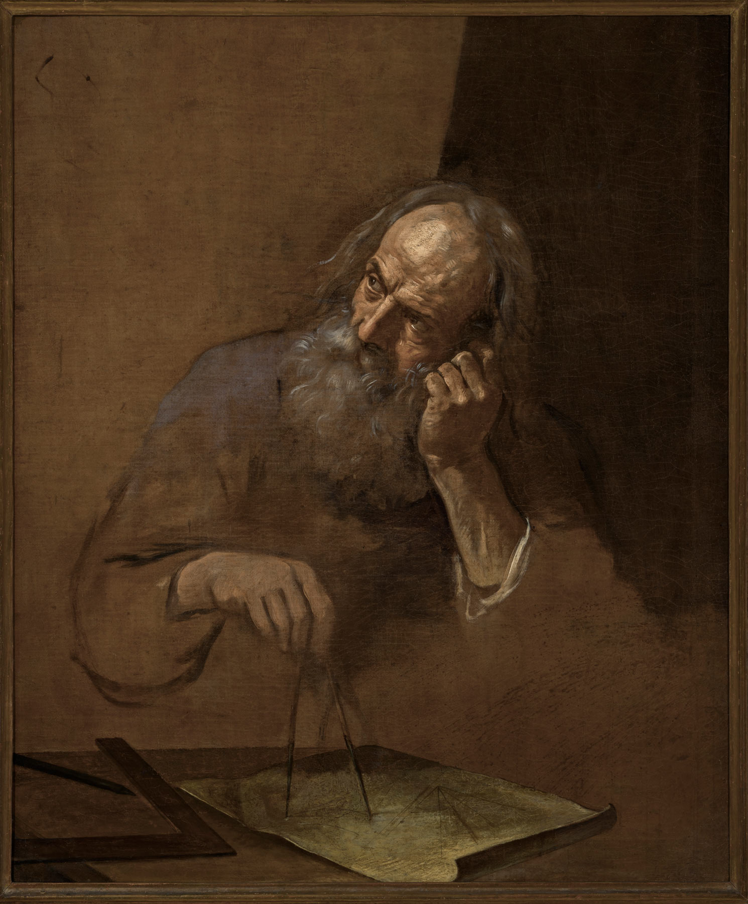 Simone Cantarini, Filosofo con compasso (Euclide?) (olio su tela, 104 x 86,3 cm; San Martino in Soverzano, Collezione Michelangelo Poletti)
