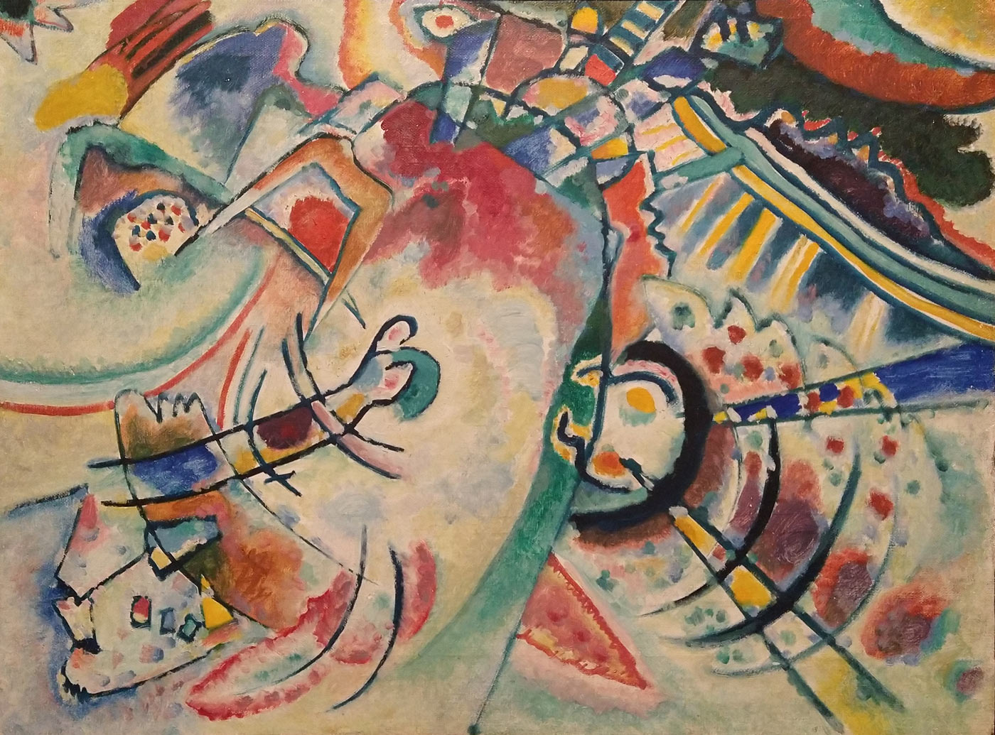 Vasilij Kandinskij, Non-oggettivo (prima metà degli anni Dieci; olio su tela, 50 x 66 cm; Krasnodar, Museo d'Arte Regionale Kovalenko)
