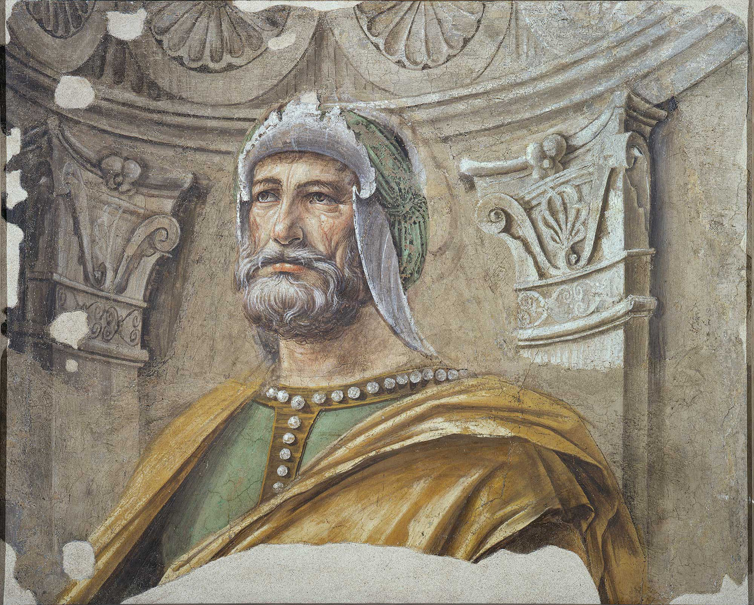 Donato Bramante, Uomo d’arme con barba ed elmo (1490-1492; affresco staccato trasportato su tela, 90 x 113 cm; Milano, Pinacoteca di Brera)
