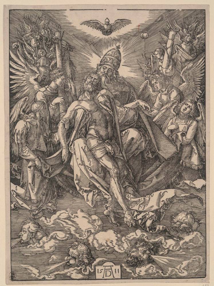 Albrecht DÃ¼rer, Gnadenstuhl (1511; xilografia, 397 x 286 mm; Dresda, Staatliche Kunstsammlungen, Kupferstich-Kabinett)

