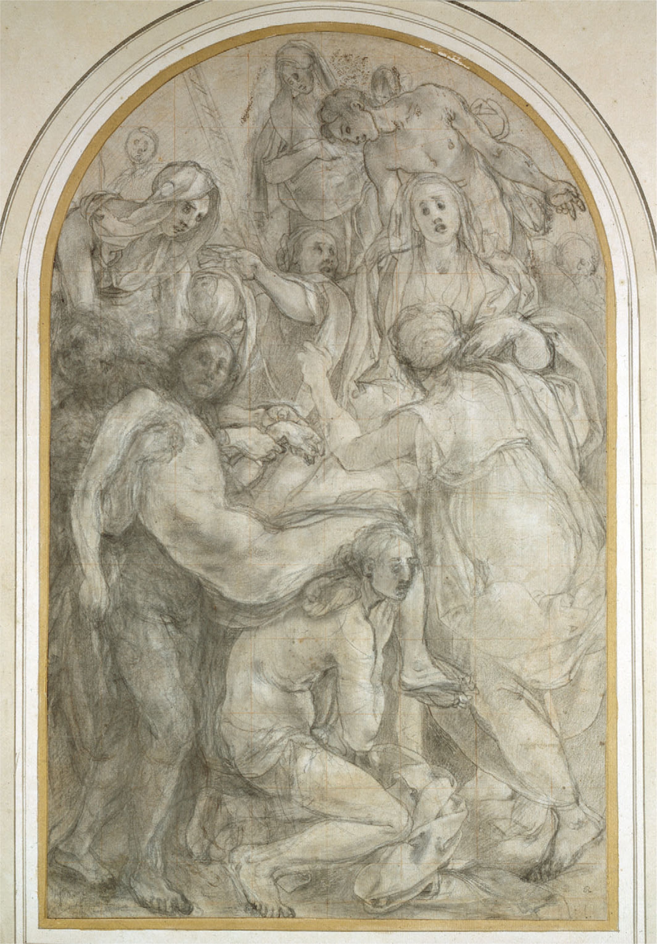 Pontormo, disegno preparatorio per la Deposizione (1526 circa; matita nera, biacca e sanguigna su carta quadrettata, 445 x 276 mm; Oxford, Christ Church Library)
