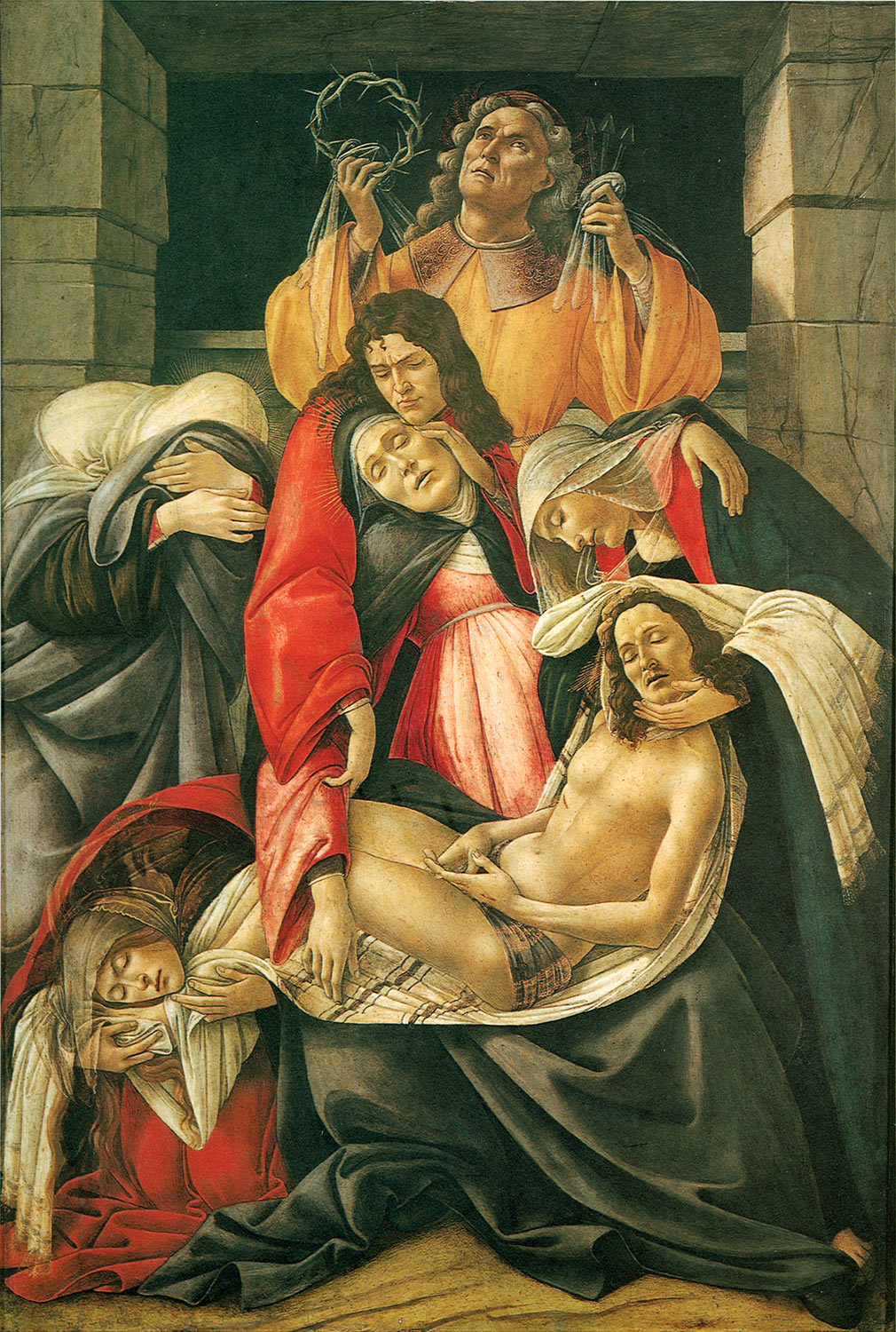Sandro Botticelli, Lamentación por Cristo muerto (c. 1495-1500; temple sobre tabla, 106 x 71 cm; Milán, Museo Poldi Pezzoli)
