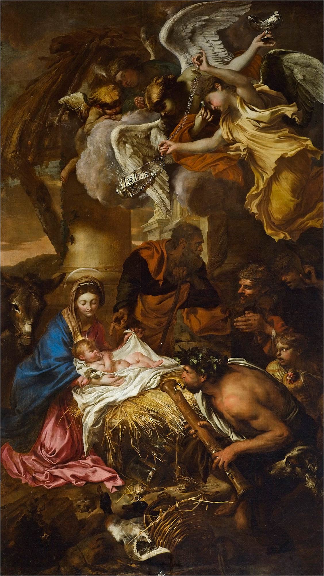 Giovanni Benedetto Castiglione detto il Grechetto, NativitÃ  o Adorazione dei Pastori (1645; olio su tela, 398 x 218 cm; Genova, Fondazione Spinola, chiesa di San Luca). Foto di Luigino Visconti
