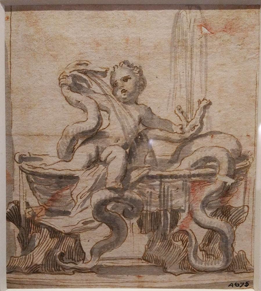 Domenico Parodi, Progetto per fontana con Ercole bambino che strozza i serpenti (tracce di matita rossa, penna e inchiostro, pennello e inchiostro acquerellato, carta bianca controfondata, 135 x 128 mm; Genova, Musei di Strada Nuova, Gabinetto dei Disegni e delle Stampe di Palazzo Rosso, inv. D 4675)
 Domenico Parodi, Progetto per fontana con Ercole bambino che strozza i serpenti (tracce di matita rossa, penna e inchiostro, pennello e inchiostro acquerellato, carta bianca controfondata, 135 x 128 mm; Genova, Musei di Strada Nuova, Gabinetto dei Disegni e delle Stampe di Palazzo Rosso, inv. D 4675)