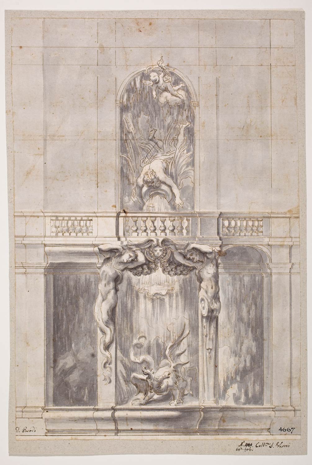 Domenico Parodi, progetto per il ninfeo di Palazzo Nicolosio Lomellino (post 1711; penna e inchiostro marrone, pennello e acquerello grigio, 336 x 227 mm; Genova, Musei di Strada Nuova, Gabinetto dei Disegni e delle Stampe di Palazzo Rosso, inv. D 4667)
 Domenico Parodi, progetto per il ninfeo di Palazzo Nicolosio Lomellino (post 1711; penna e inchiostro marrone, pennello e acquerello grigio, 336 x 227 mm; Genova, Musei di Strada Nuova, Gabinetto dei Disegni e delle Stampe di Palazzo Rosso, inv. D 4667)