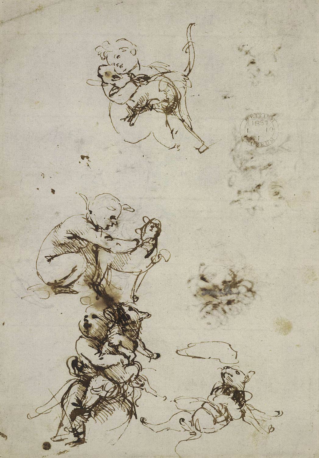 Leonardo da Vinci, Studio di un bambino che gioca con un gatto e un gatto (1478-1481 circa; penna e inchiostro bruno su carta, 213 x 149 mm; Londra, British Museum, inv. 1857-1-10-1, recto)
 Leonardo da Vinci, Studio di un bambino che gioca con un gatto e un gatto (1478-1481 circa; penna e inchiostro bruno su carta, 213 x 149 mm; Londra, British Museum, inv. 1857-1-10-1, recto)