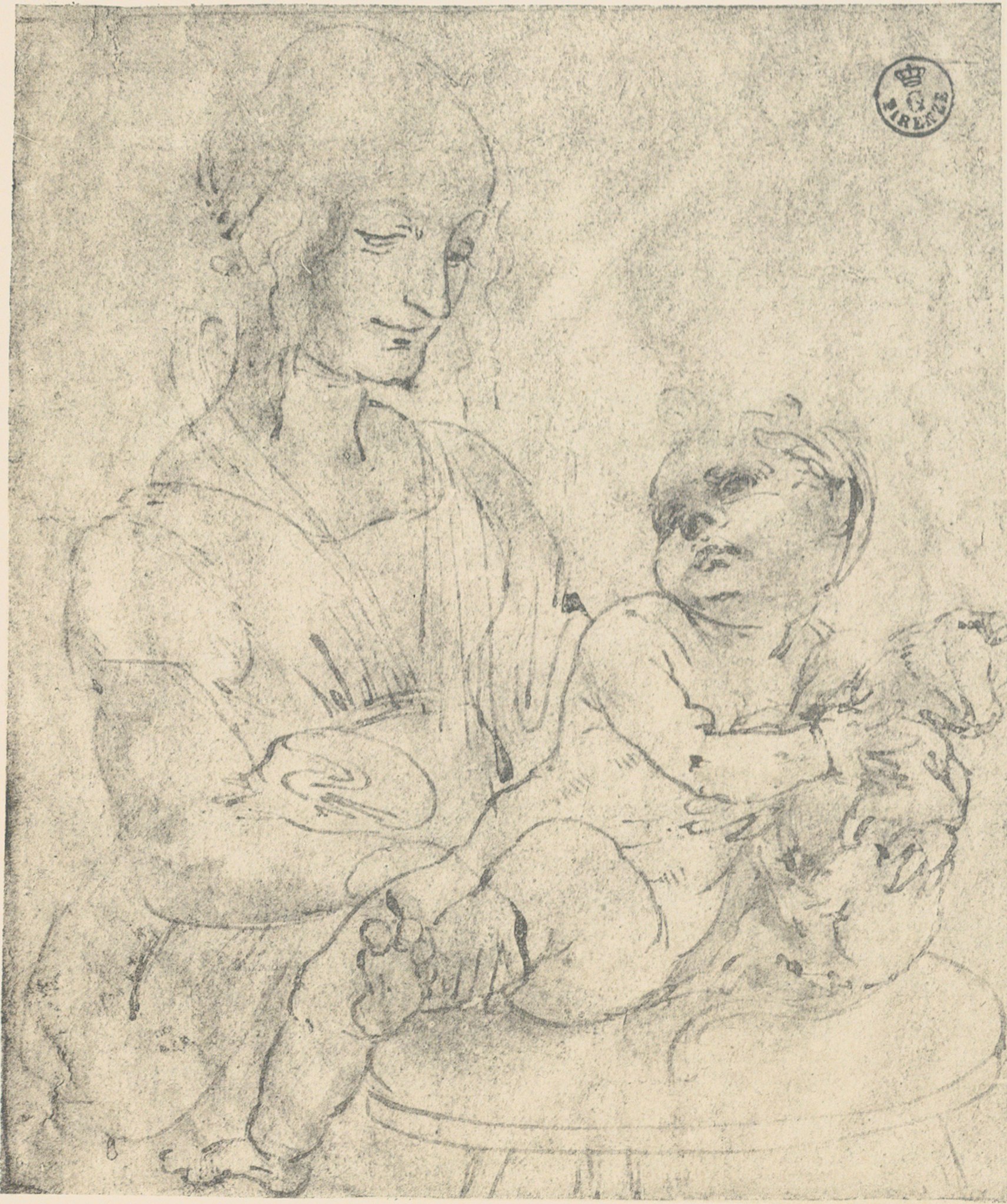 Leonardo da Vinci, Madonna col Bambino e un gatto (1480 circa; penna e inchiostro bruno su carta, 125 x 110 mm; Firenze, Gallerie degli Uffizi, Gabinetto dei Disegni e delle Stampe, inv. 421 E, recto)
 Leonardo da Vinci, Madonna col Bambino e un gatto (1480 circa; penna e inchiostro bruno su carta, 125 x 110 mm; Firenze, Gallerie degli Uffizi, Gabinetto dei Disegni e delle Stampe, inv. 421 E, recto)