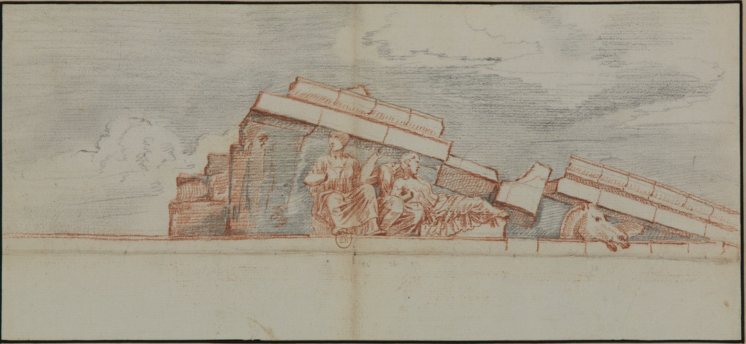 Jacques Carrey (attribuito), Porzione settentrionale del frontone est del Partenone (1674; matita su carta; Parigi, Bibliothèque Nationale)
