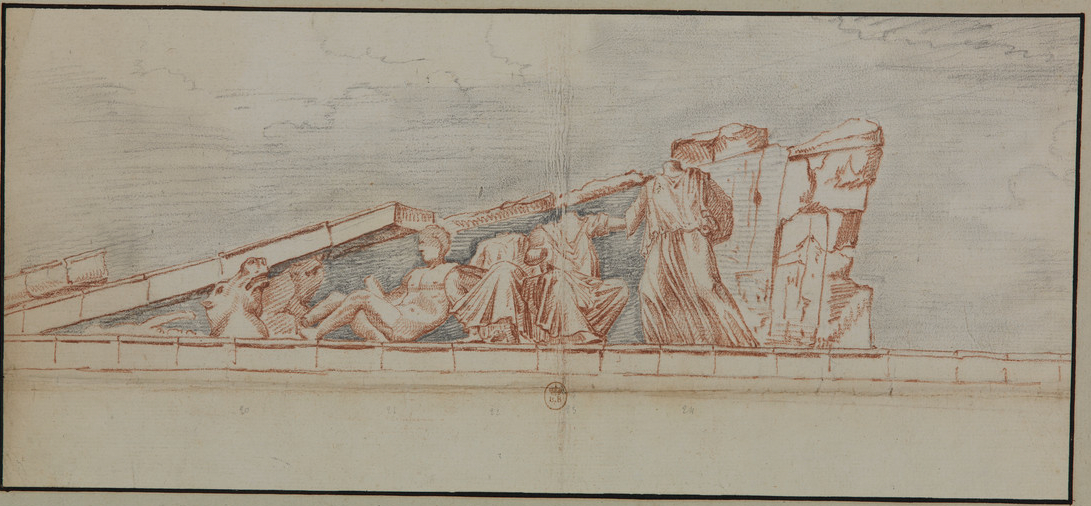 Jacques Carrey (attribuito), Porzione meridionale del frontone est del Partenone (1674; matita su carta; Parigi, Bibliothèque Nationale)
