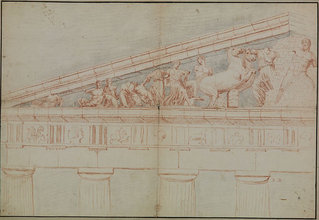 Jacques Carrey (attribuito), Porzione settentrionale del frontone ovest del Partenone (1674; matita su carta; Parigi, Bibliothèque Nationale)
