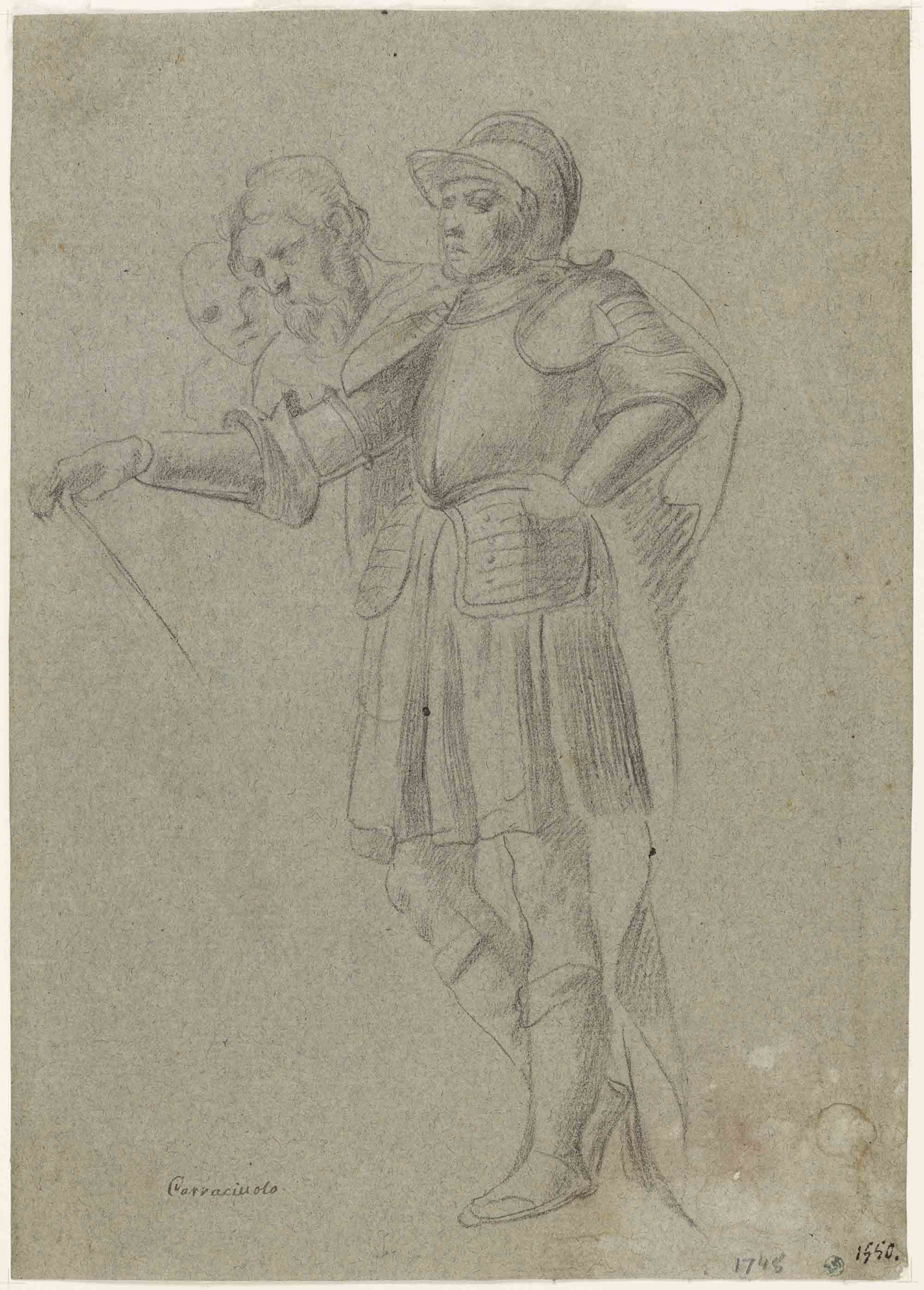 Battistello Caracciolo, Militare con teste di altre due figure (gesso nero con tocchi di bianco su carta grigio-verde; Stoccolma, National Museum)
