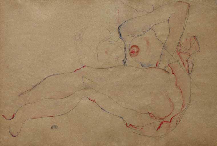 Egon Schiele, Donna sdraiata con gonna sollevata (1912; acquerello e matita su carta, 316 × 486 mm; Collezione privata)
