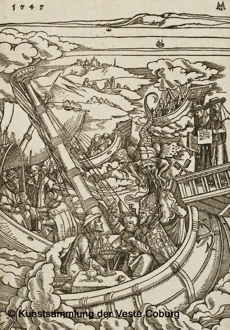 Matthias Gerung, Schiffbruch der katholischen Kirche (1545; xilografia, 236 x 164 mm; Coburgo, Fortezza di Coburgo)
