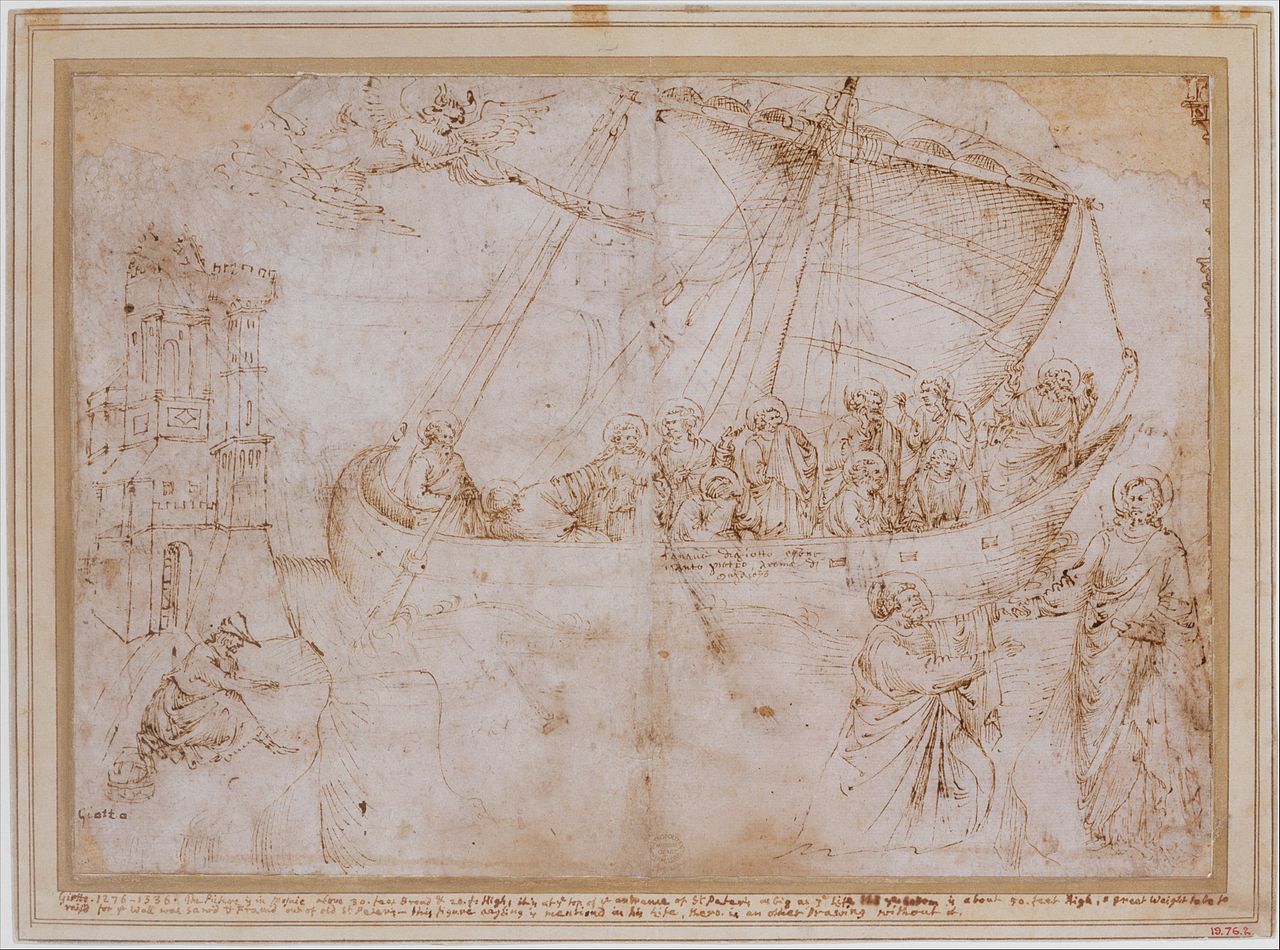 Parri Spinelli, La navicella di Pietro, da Giotto (1420 circa; penna e inchiostro bruno su carta, 275 x 390 mm; New York, Metropolitan Museum)
