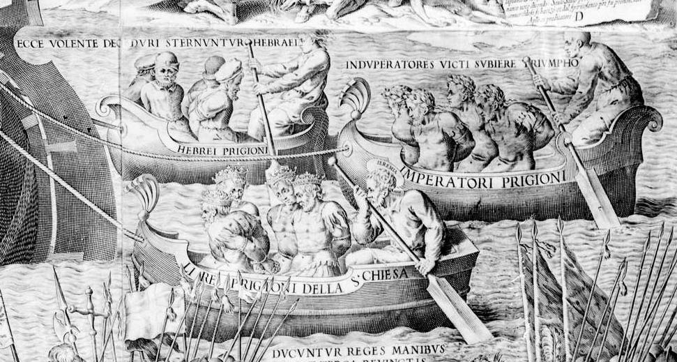 Dettaglio dell'incisione di Thomassin, le barche dei prigionieri
