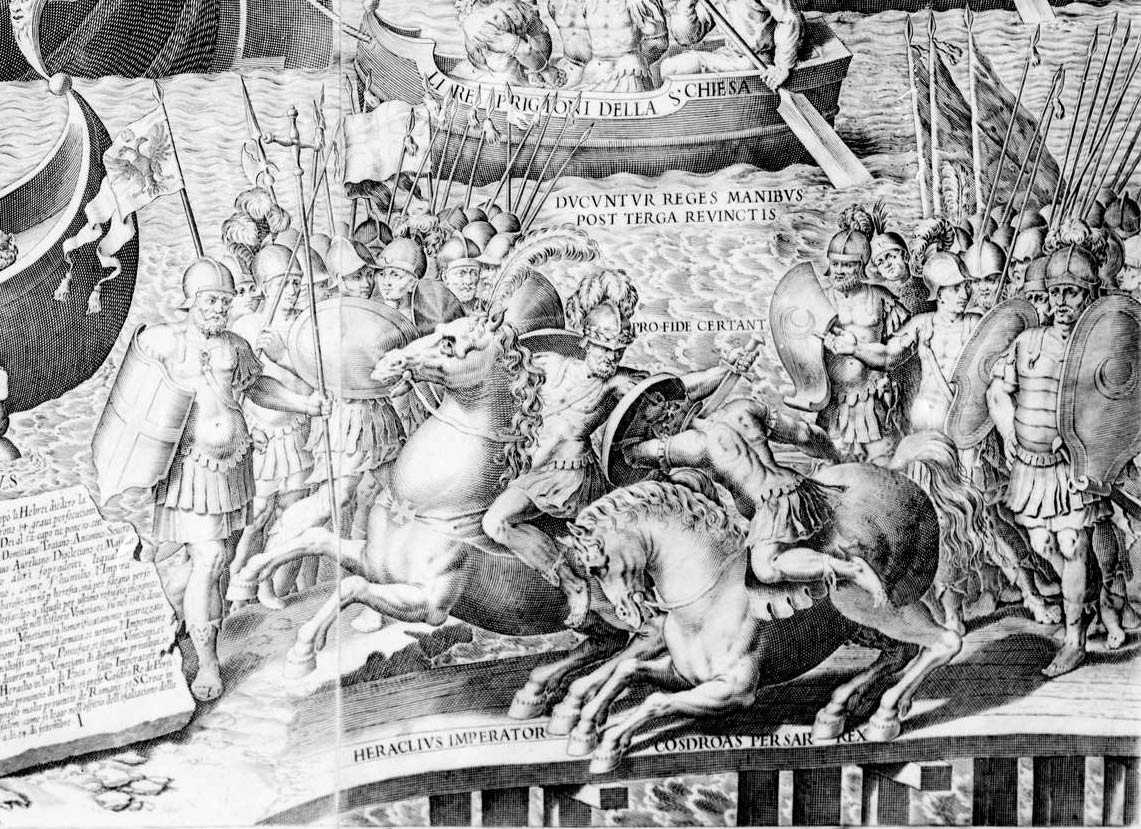 Dettaglio dell'incisione di Thomassin, la battaglia tra Eraclio e Cosroe
