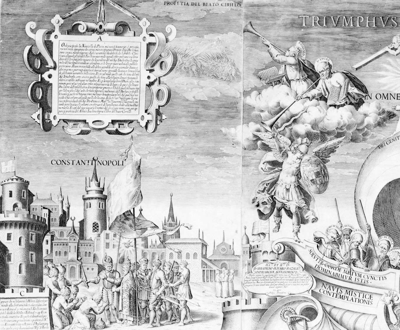 Dettaglio dell'incisione di Thomassin, la città di Costantinopoli, gli evangelisti Giovanni e Luca, la profezia di Cirillo, l'arcangelo Michele
