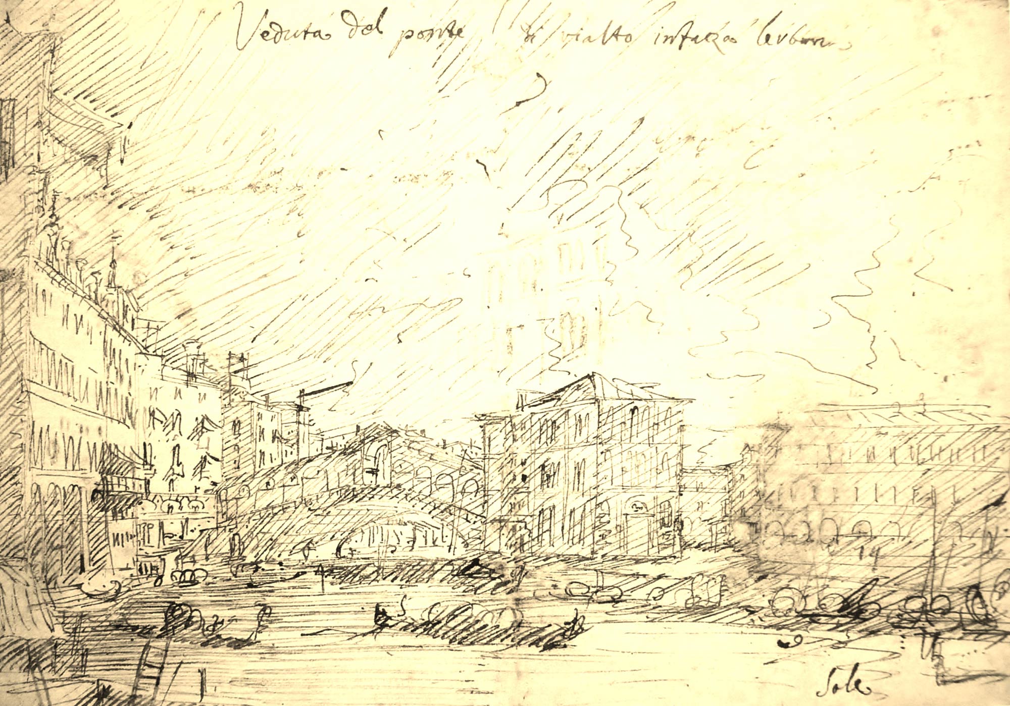 Canaletto, Veduta del ponte di Rialto infaza l’erberia (1725; penna a inchiostro bruno su traccia di gessetto rosse e nero, 140 x 202 mm; Oxford, Ashmolean Museum)
