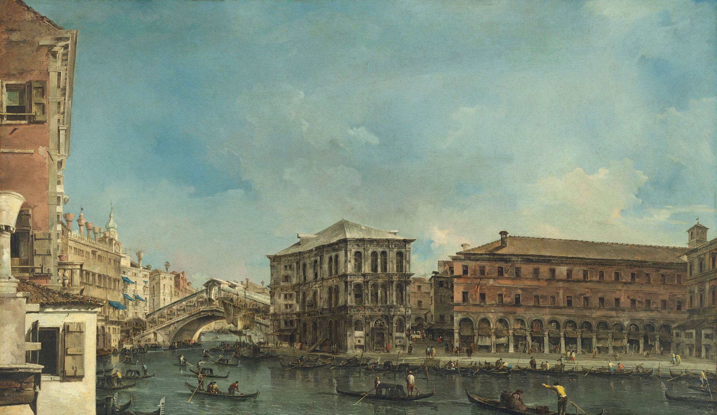 Francesco Guardi, Ponte di Rialto col Palazzo dei Camerlenghi (metà anni Sessanta del XVIII secolo; olio su tela, 119,7 x 204,3 cm; Collezione privata)

