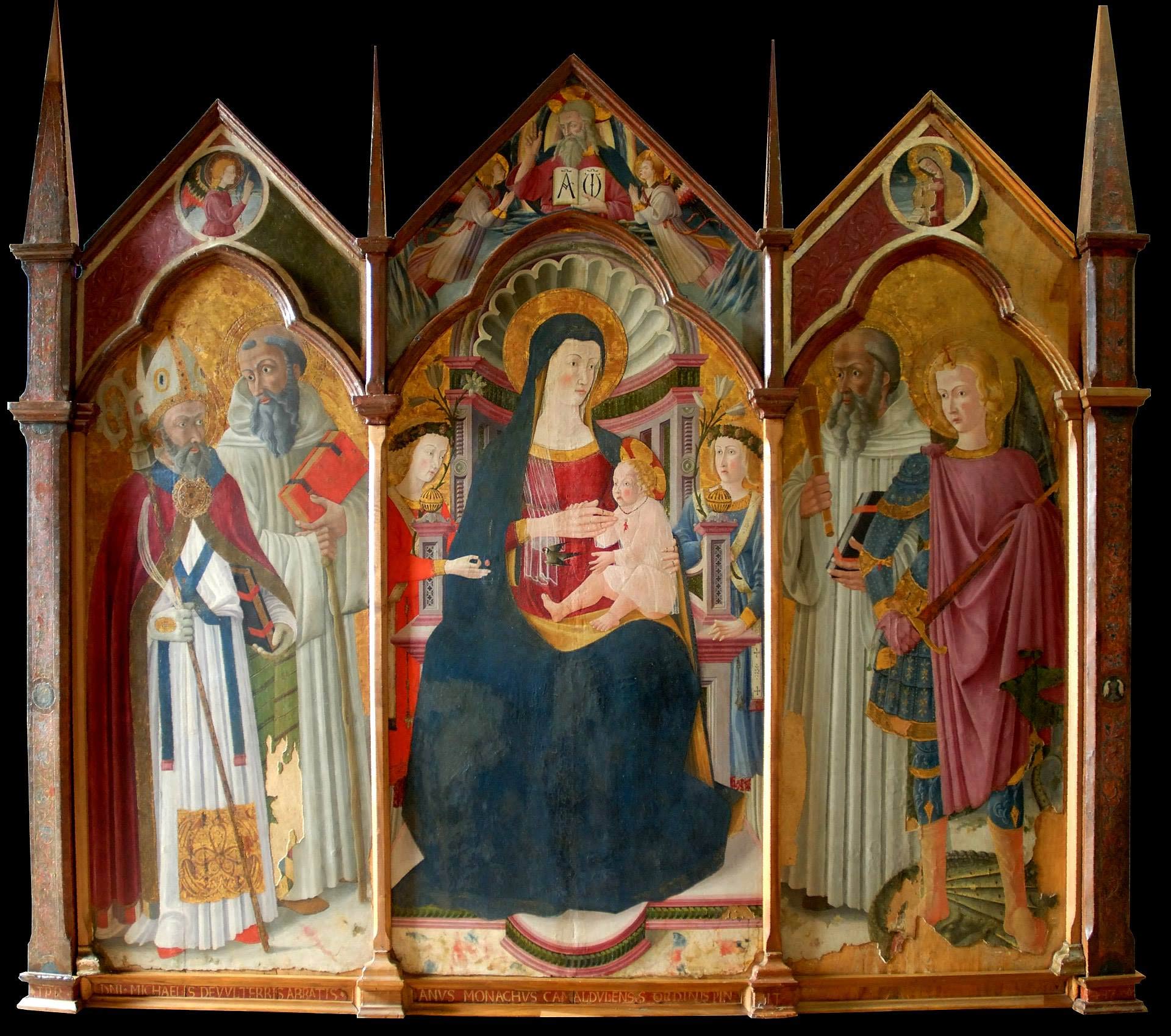 Giuliano Amidei, Madonna col Bambino e i santi Martino, Romualdo, Benedetto e Michele (1460 circa; tempera su tavola, 196 x 213 cm; Caprese Michelangelo, Museo Casa Natale di Michelangelo, Palazzo del PodestÃ )
