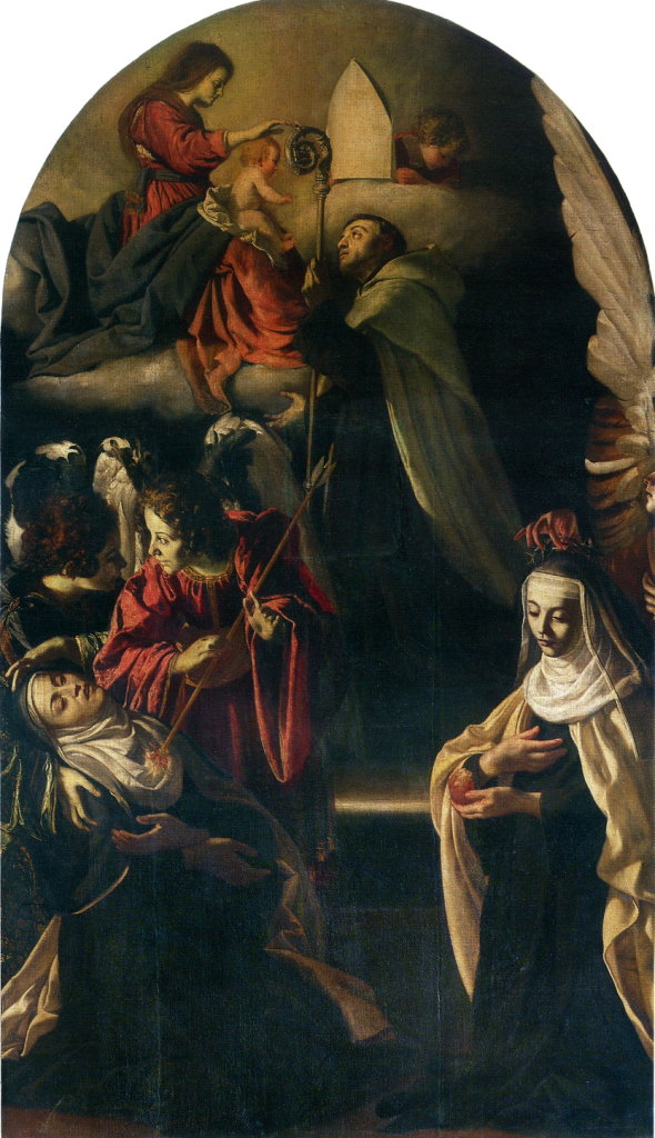 Guido Cagnacci, Madonna col Bambino e i santi Andrea Corsini, Teresa d’Ávila e Maria Maddalena de’ Pazzi, dettaglio (1629-1631 circa; olio su tela, 335 x 230 cm; Rimini, chiesa di San Giovanni Battista)
