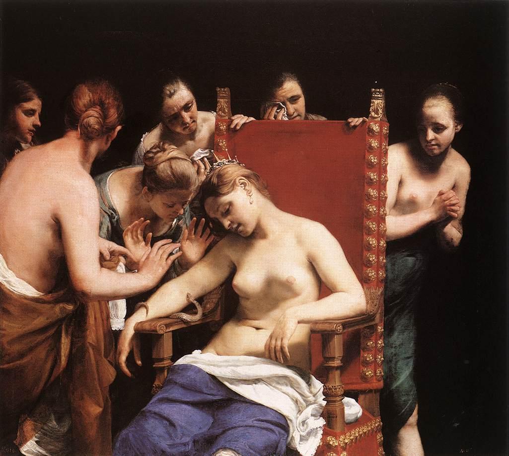 Guido Cagnacci, La morte di Cleopatra (1660-1661 circa; olio su tela, 153 x 168,5 cm; Vienna, Kunsthistorisches Museum, Gemäldegalerie, inv. 260)
