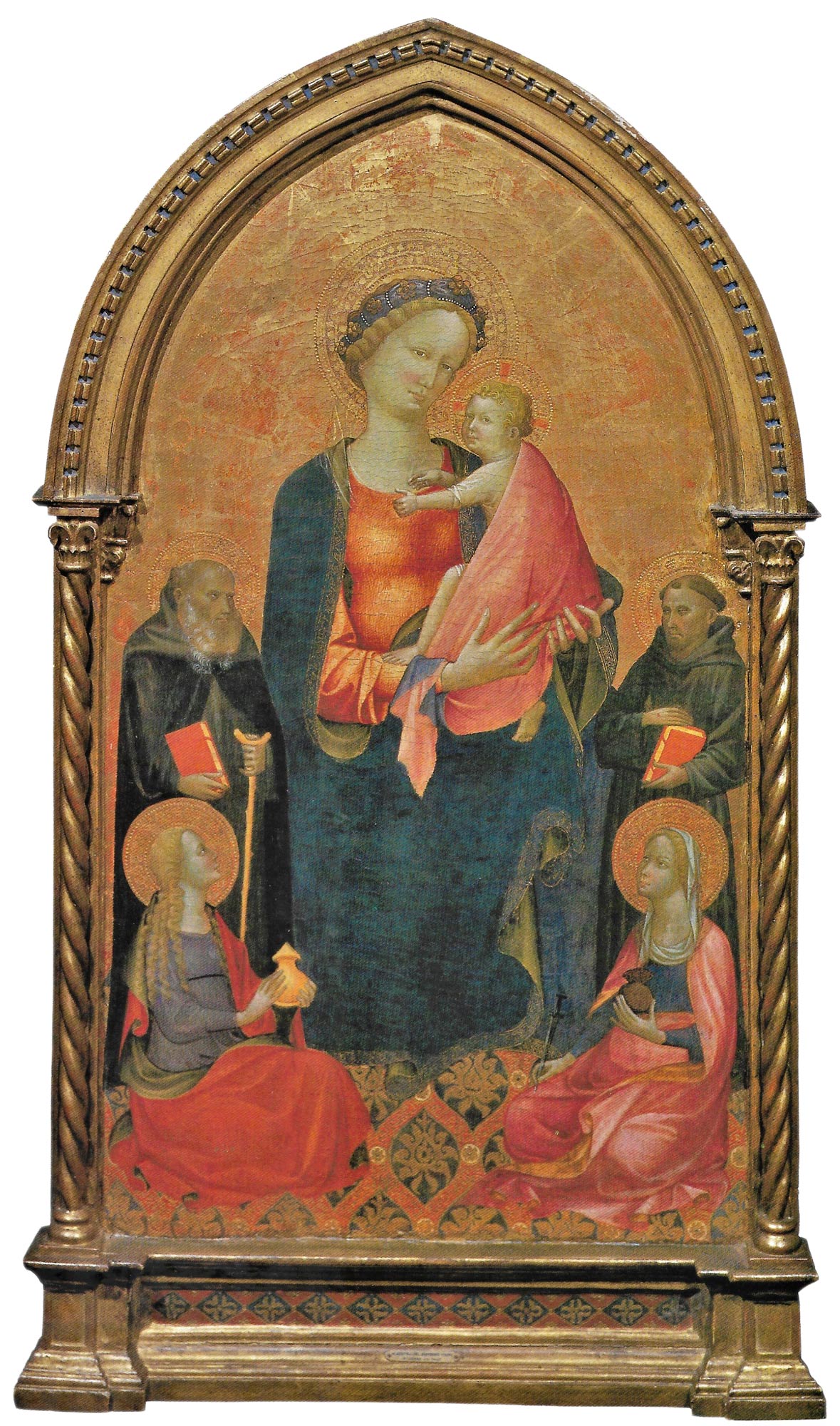 Gherardo Starnina, Madonna col Bambino tra i santi Antonio abate, Francesco d’Assisi, Maria Maddalena e Lucia (1405-1410; tempera su tavola, 108,5 x 55,5 cm; Pistoia, Collezione Oriana e Aldo Ricciarelli)
