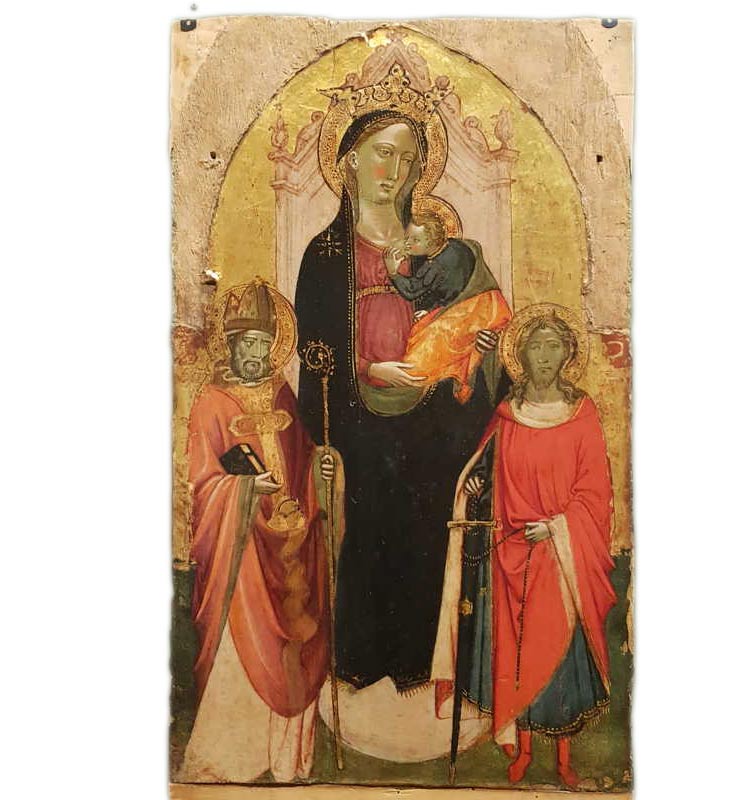 Giovanni dal Ponte, Madonna col Bambino in trono tra i santi Nicola di Bari e Giuliano (1415-1420; tempera su tavola, 61 x 37 cm; Anghiari, Museo delle Arti e Tradizioni Popolari dell’Alta Valle del Tevere – Palazzo Taglieschi)
