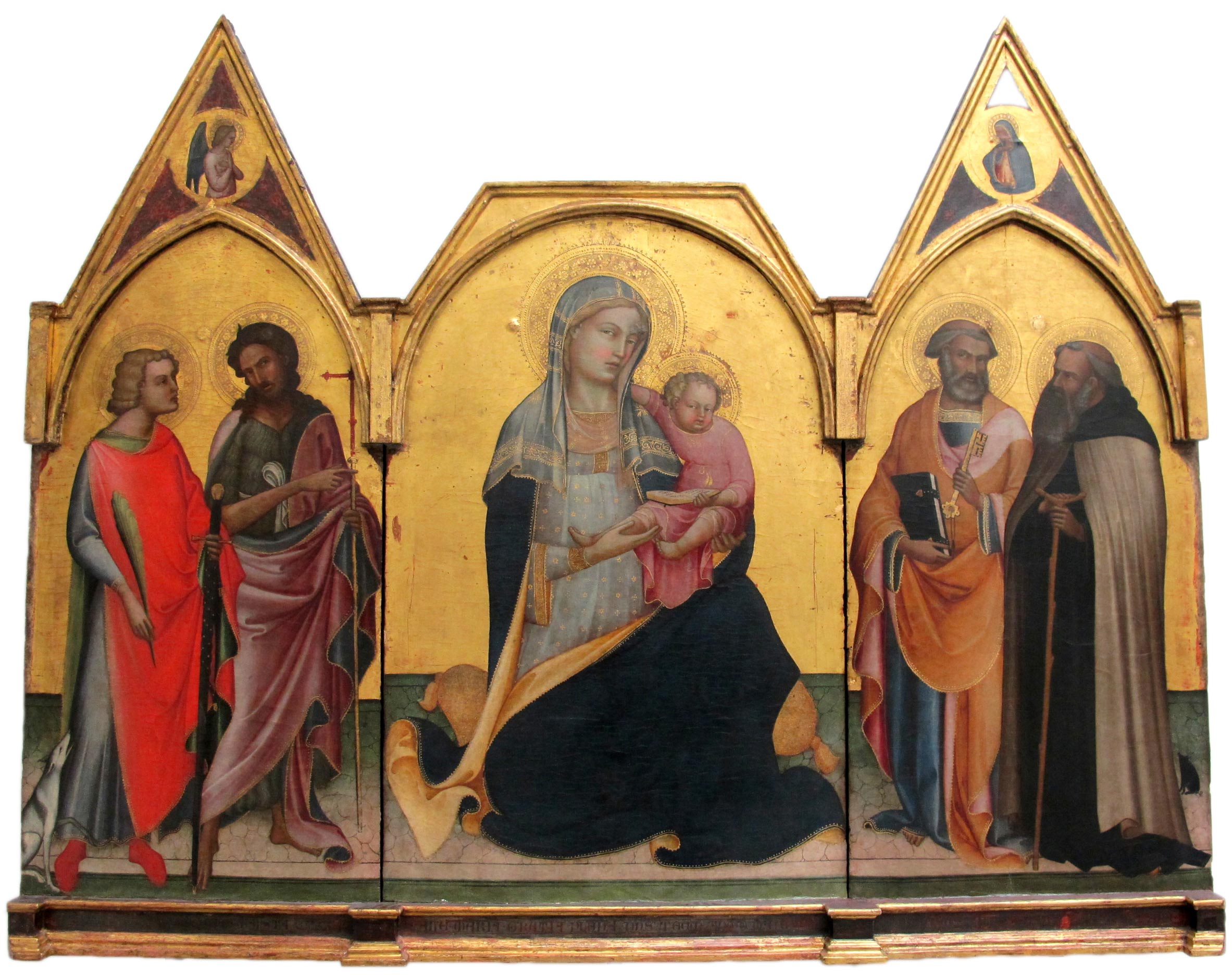 Lorenzo Monaco, Madonna dell’Umiltà tra i santi Donnino e Giovanni Battista, Pietro e Antonio abate (1404; tempera e oro su tavola, 127 x 78 cm lo scomparto centrale, 157 x 62,8 cm ciascuno dei laterali; Empoli, Museo della Collegiata di Sant’Andrea, inv. n. 2)
