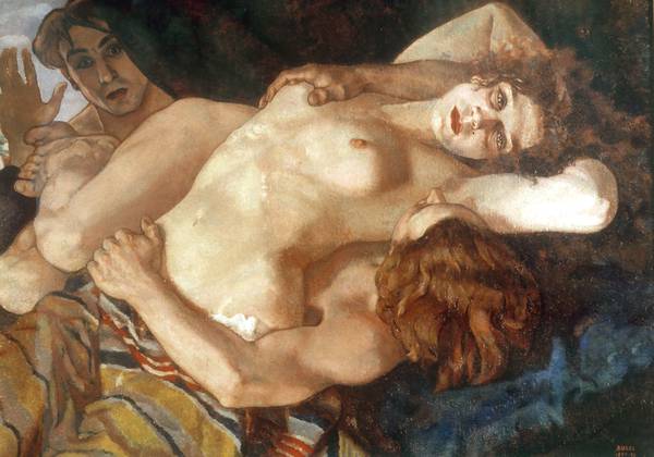 Anselmo Bucci, Gli amanti sorpresi (1920-1921; olio su tela, 82 x 110 cm; Fossombrone, Quadreria Cesarini)