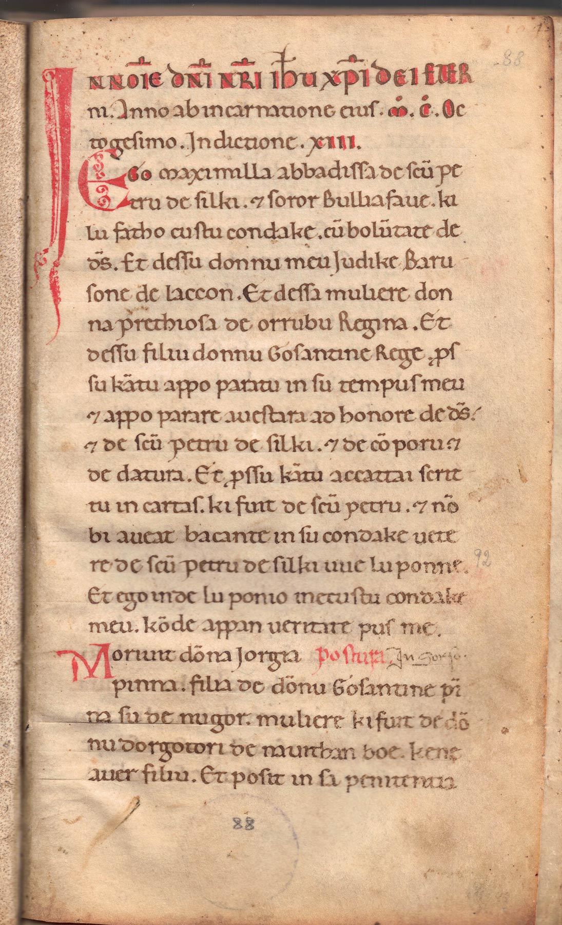 Condaghe di San Pietro di Silki, carta 88r: l'inizio del Condaghe nuovo, con i nomi di Massimilla e Bullia Fava