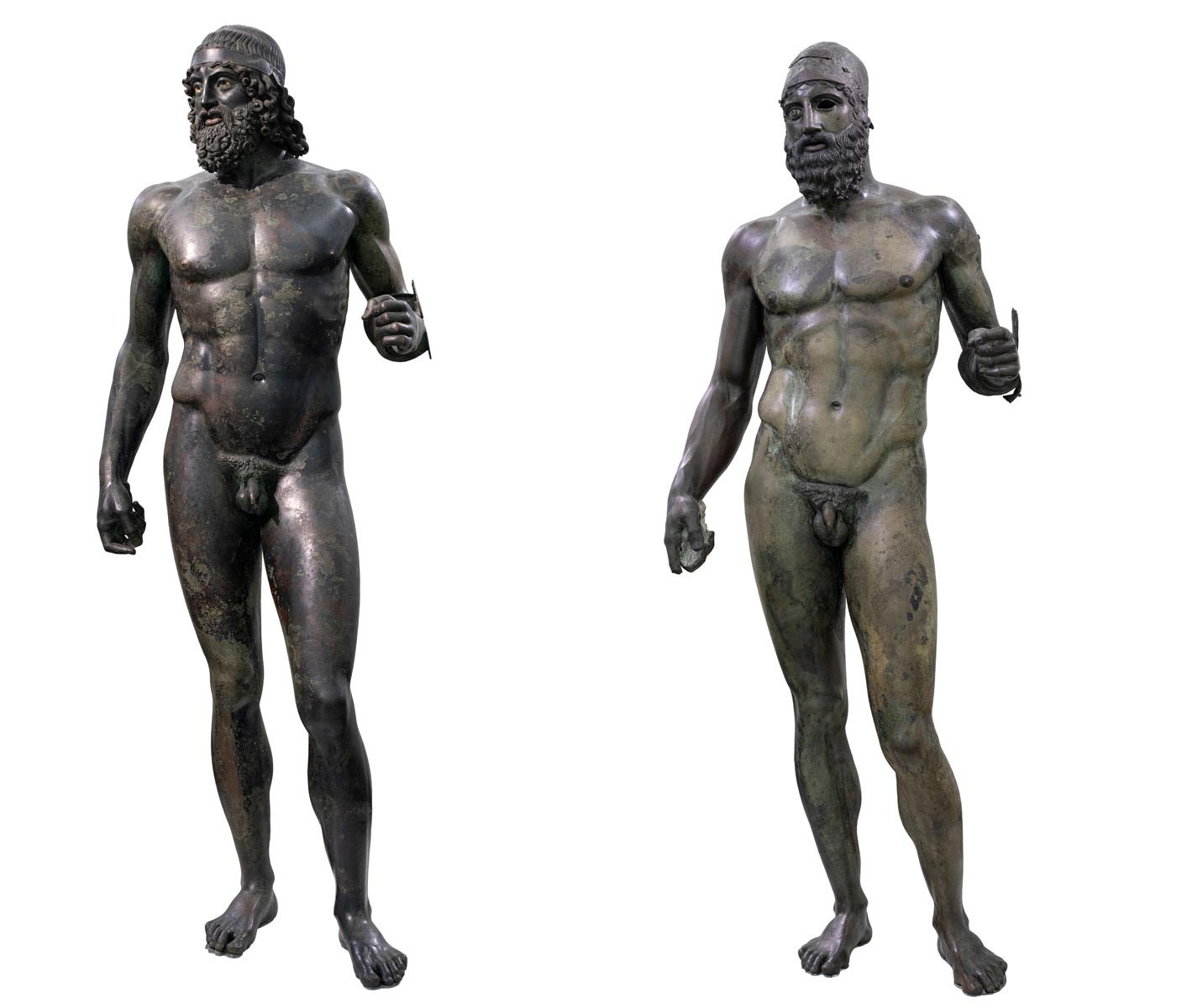 Artista ignoto, Bronzi di Riace (V secolo a.C.; bronzo, 198 cm la Statua A - a sinistra - , 197 cm la Statua B - a destra; Reggio Calabria, Museo Archeologico Nazionale)