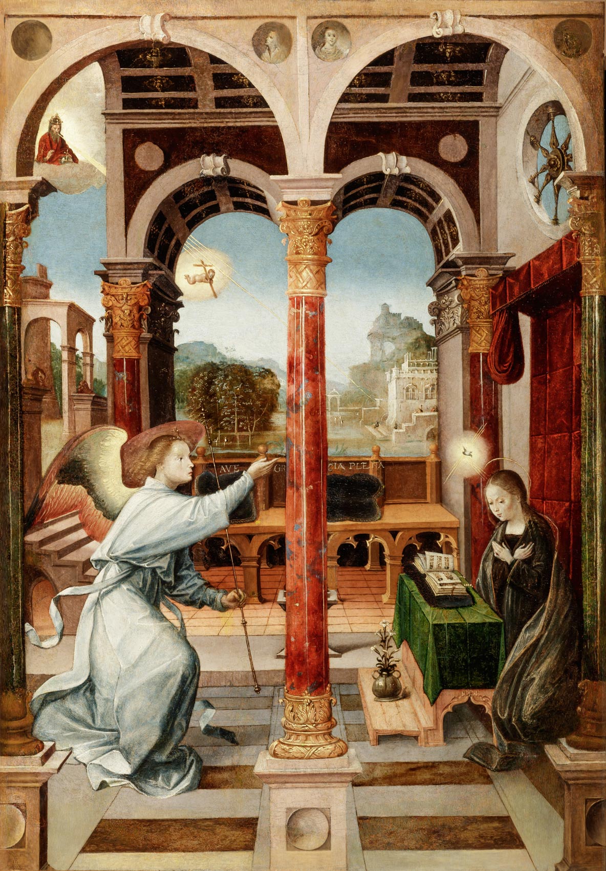 Alejo Fernández, Annunciazione (1508 circa; olio su tavola; Siviglia, Museo de Bellas Artes)