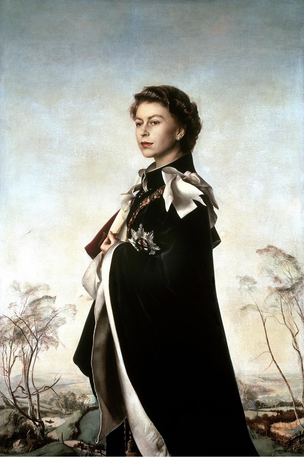 Pietro Annigoni, Ritratto di Elisabetta II d'Inghilterra (1955; tempera, olio e inchiostro su carta, 182,9 x 121,9 cm; Londra, Fishmongers' Hall)