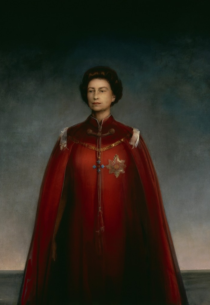 Pietro Annigoni, Ritratto di Elisabetta II d'Inghilterra (1969; tempera grassa su carta applicata su tavola, 198,1 x 177,8 cm; Londra, National Portrait Gallery, inv. NPG 4706)