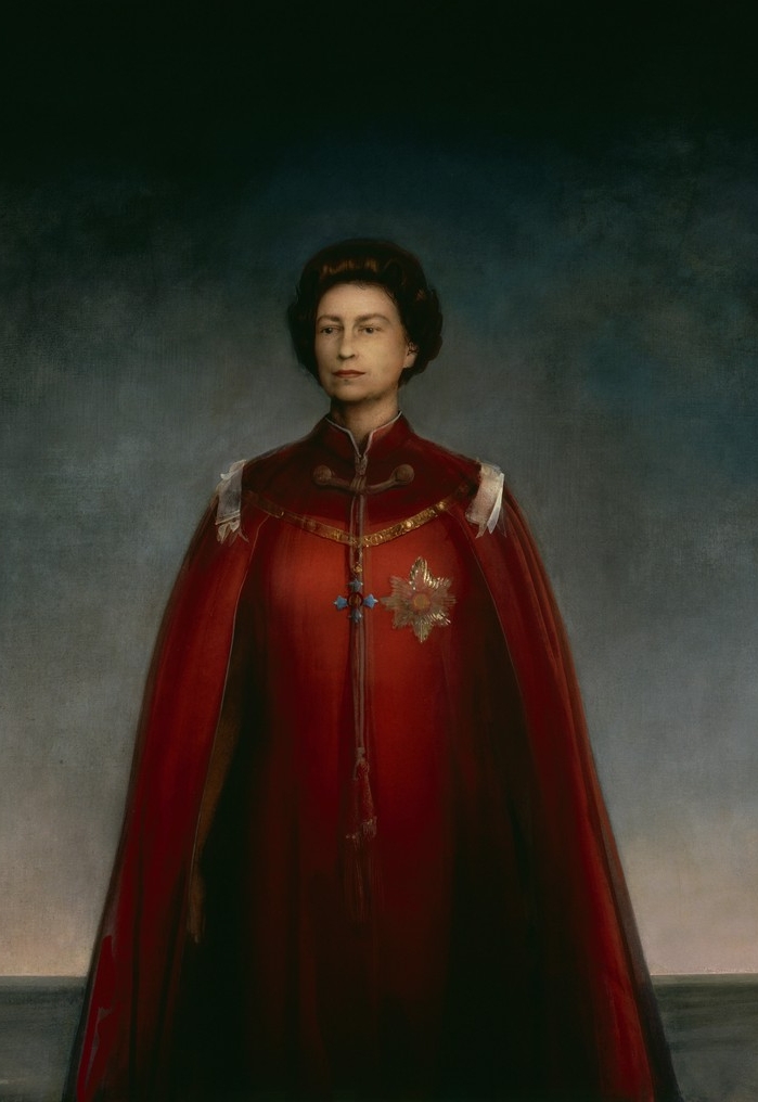 Pietro Annigoni, Ritratto di Elisabetta II d'Inghilterra (1969; tempera grassa su carta applicata su tavola, 198,1 x 177,8 cm; Londra, National Portrait Gallery, inv. NPG 4706) Pietro Annigoni, Ritratto di Elisabetta II d'Inghilterra (1969; tempera grassa su carta applicata su tavola, 198,1 x 177,8 cm; Londra, National Portrait Gallery, inv. NPG 4706)