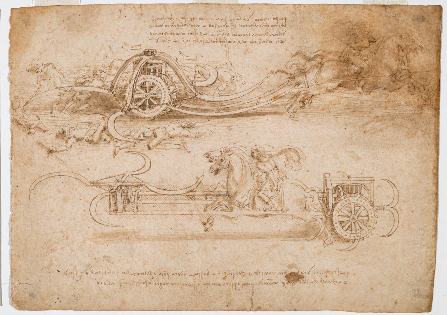 Leonardo da Vinci, Studi di carri falcati (1485 circa; penna e inchiostro bruno acquerellato con tracce di punta metallica su carta, 211 x 296 mm; Torino, Musei Reali-Biblioteca Reale, Dis. It. Scat. 1/18; 15583 D.C.)